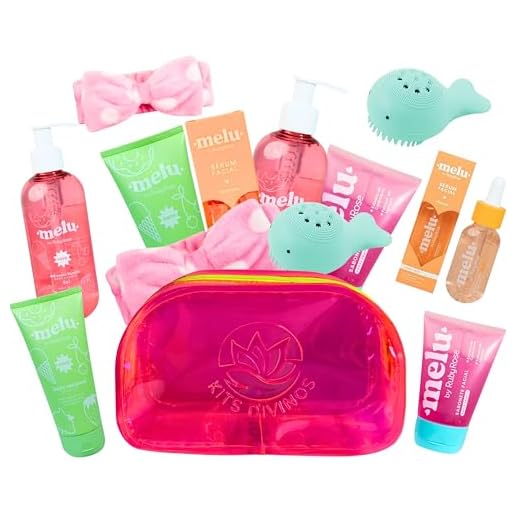 Kit Skincare Completo Melu Adolescentes 8 Itens Spa Day Teen Meninas Cuidados com a Pele Sabonete Corpo e Mãos, Loção Hidratante, Sabonete Facial, Serum Facial, Necessaire, Esponja Facial, Faixa Skincare