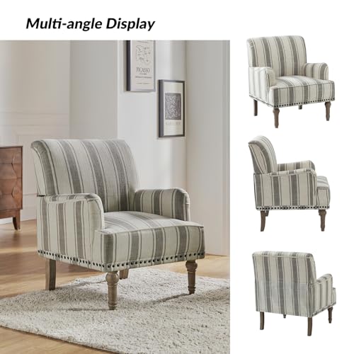 Sillón acolchado gris con patas de madera y rayas miniatura 3