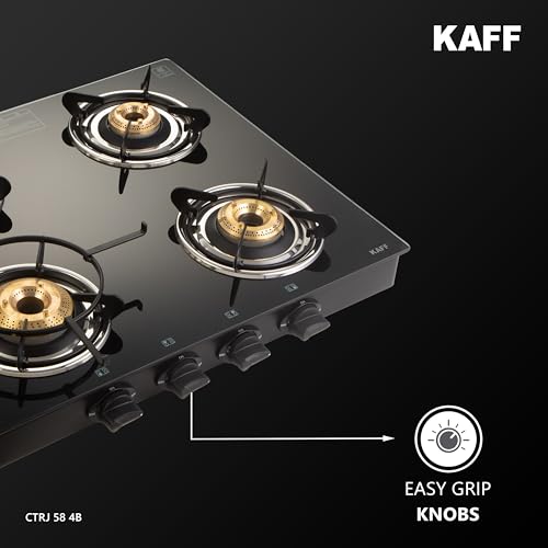 Image of KAFF Cooktop | 4 Burners with Slim Line Design 58 CM | 1 Jumbo burner | High Efficiency Brass Burners, Black Tempered Glass | Matt Enamelled Pan Support | Black | CTRJ58-4B