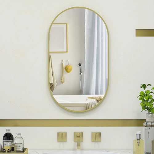 HOMCOM Espejo de Baño Ovalado 40x70 cm con Marco de Aluminio Espejo de Pared Decorativo Horizontal o Vertical para Salón Entrada Pasillo Dorado
