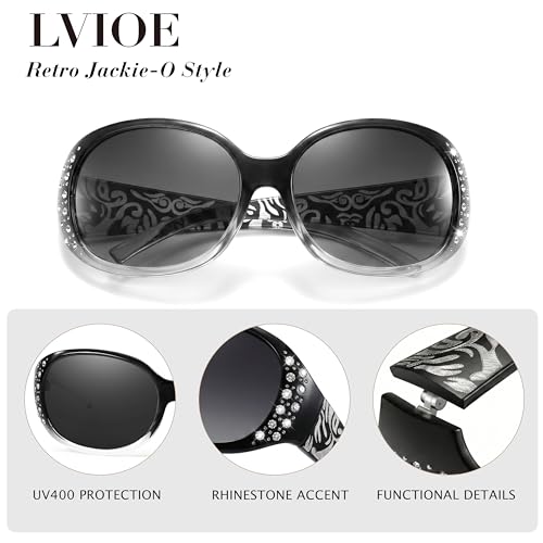 Image of LVIOE Polarized Sunglasses for Women Rhinestone Design Wrap Around Shades | UV400 Protection Fashion Sun Glasses Stylish Elegant Frame, Bonus Cleaning Cloth & Soft Pouch Plus Essential Accessories