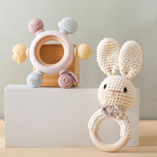 Image of Wooden Baby Rattle Crochet Bunny and Ring Teether Set | Handmade Crochet Rattle Newborn Toy with Teether Ring | Animal Rattles for Boys and Girls | Baby Teether Toy