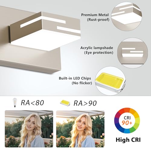 Image of LED Modern Bathroom Vanity Light Fixtures, Dimmable Brushed Nickel Vanity Lights for Bathroom Lighting Fixtures Over Mirror, with 360 Rotatable Acrylic Heads 2-Light 16-inch (Cool White 6000K)