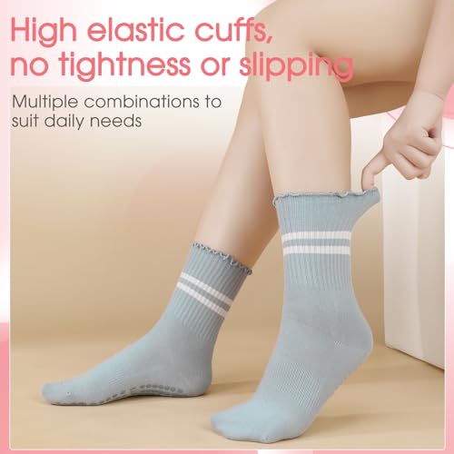 Image of Jspupifip Pilates Socks with Grips for Women, 6 Pairs Ruffle Yoga Socks Frilly Barre Non Skid Athletic Crew Grip Cotton Socks for Ballet, Dance, Workout, Fitness