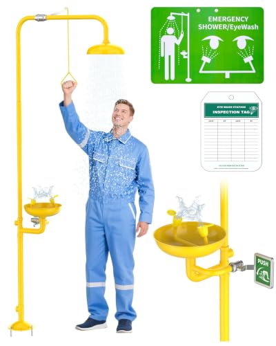Image of 304 Stainless Steel Combination Emergency Eye Wash Shower Station, Industrial & Commercial Level with Emergency Sign, Safety Eyewash Stations OSHA Approved (ABS Enhanced)