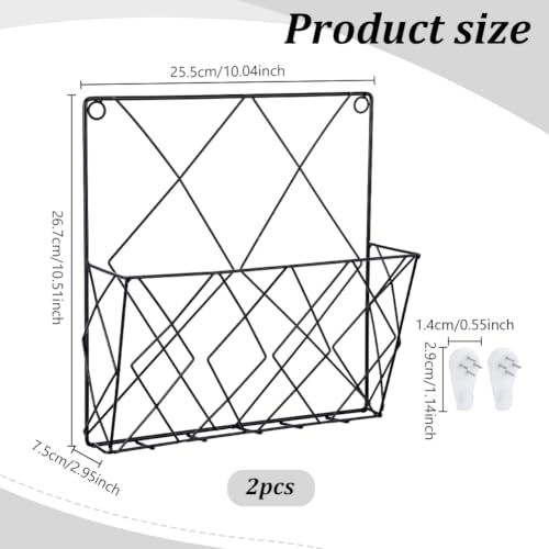 PH PandaHall 2 Pack Wall Mounted File Organizer Black Metal Wall File Holder 10.5x10x3 inch Mail Holder Magazine Basket Black Wire Hanging Sorter for Home Office Workspace Study Room Organization - Image 2