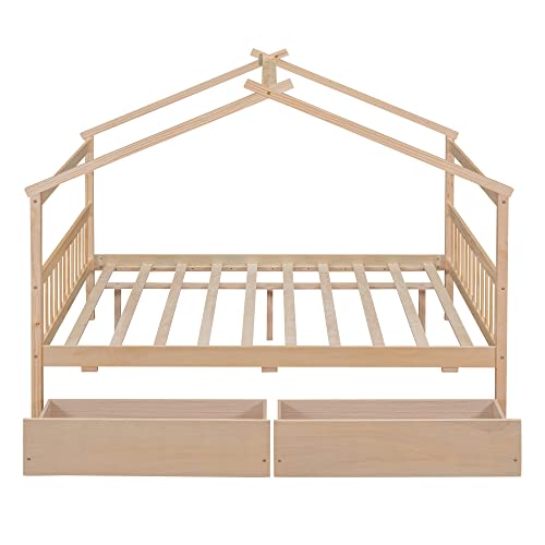 Merax Full Size Wooden House Bed With Two Drawers, Wood Bed Frame With Roof For Kids, Teens, Boys Or Girls, Natural #TOP5