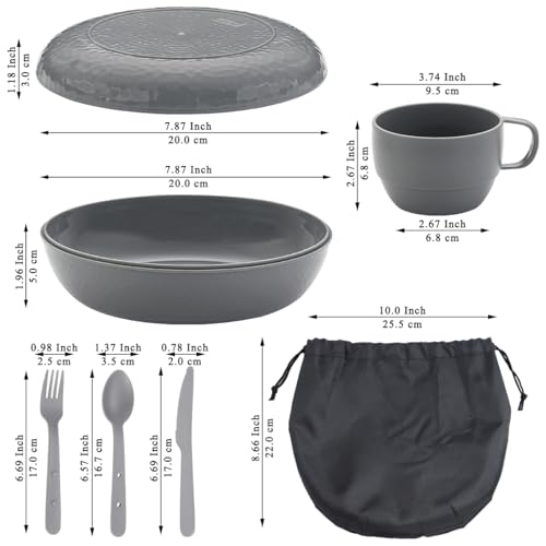 Berglander Camping Mess Set mit Schüssel, Teller, Tasse, Löffel, Gabel, Messer und Tragetasche, Campingzubehör Ausrüstung für Reisen, Picknick, einfach zu transportieren und zu reinigen (Grau) – Bild 3