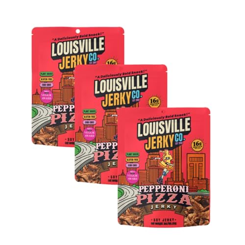 Louisville Jerky Co. Pepperoni Pizza Plant Based Jerky, High Protein Vegan Snacks (3 Ounce, 3-Pack), Gluten Free Vegetarian Non-GMO