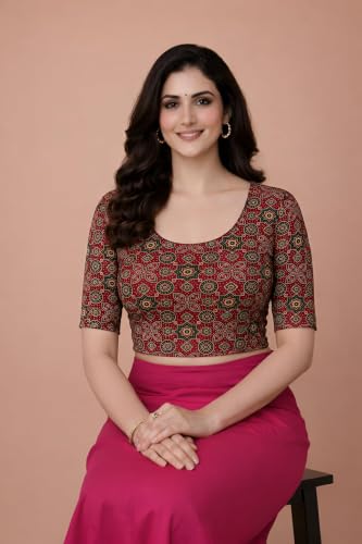 Image of Amazon Brand - Anarva Women's Kalamkari Print Cotton Stretchable Round Neck Readymade Saree Blouse