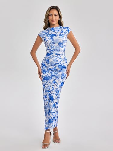Image of HTZMO Floral Wedding Guest Ruched Bodycon Maxi Dress for Women | Cap Sleeve Slit Long Dresses, Fall Formal Cocktail Party Elegant Modest Bride Shower, Stretchy Mesh Fabric, Winter 2026
