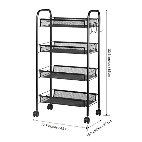 Image of Callas Metal Mesh Multipurpose 4-Tier Rolling Cart for Kitchen, Bathroom and Office Storage Organiser, Black