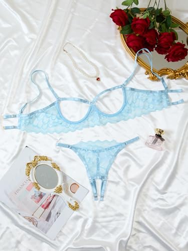 Image of Lilosy Sexy Underwire Floral Lace Sheer Lingerie Set for Women See Through Bra and Panty 2 Piece