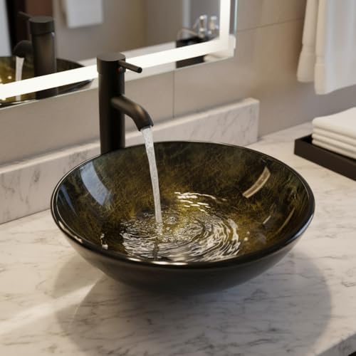 YU YUSING Ensemble Complet- Lavabo Vasque à Poser Rond en Verre avec Ensemble de Robinets, Lave-Mains, pour Salle de Bain, Cuisine, WC d'invités, Doré Rond...