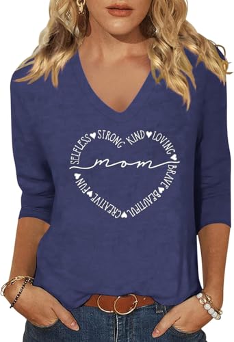 Image of Womens 3 /4 Sleeve V Neck Valentine T Shirts Love Heart Printed Graphic Tee Tops