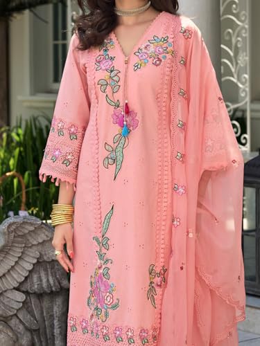 Image of INDO ERA Women's Straight Pure Cotton Floral Embroidered Kurta & Pant with Dupatta Set (IEOUT11423)