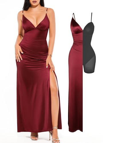 Popilush Women's Sexy Maxi Dress Deep V Neck Ruched Shapewear Dresses Side Slit Formal Cocktail Party Dress