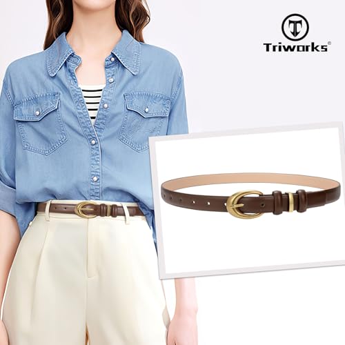Image of TRIWORKS Women Leather Belt for Jeans Pants Fashion Ladies Skinny Faux Leather Dress belt with Gold Buckle