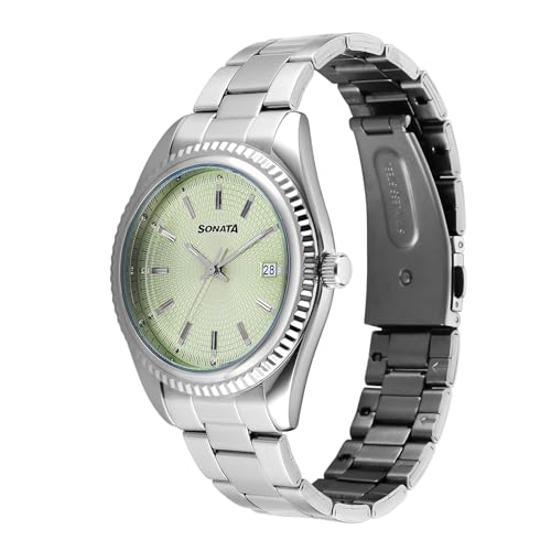 Image of Sonata Festive 2.0 Quartz Lt. Green Round Dial Men's Watch | Stainless Steel Strap Material | Watches for Men Analog - 77198SM01