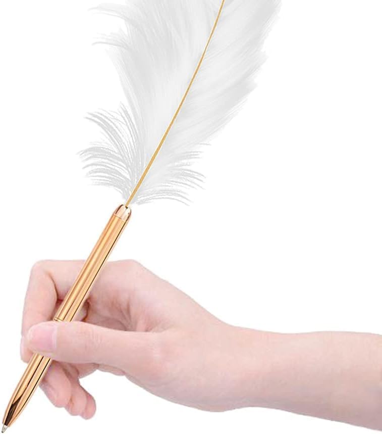 Tustao White Feather Pen Feather Ballpoint Pen Black Inks Pen Wedding Signing Pen Refillable Ballpoint Pen for School Writing Signatures Pens and Refills Ballpoint Pens