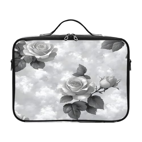 zyrtty Travel Makeup Train Case White Black Grey Flower Pattern Cosmetic Organizer Portable Storage Bag with Adjustable Dividers for Cosmetics Brushes Toiletry Jewelry Digital Accessories