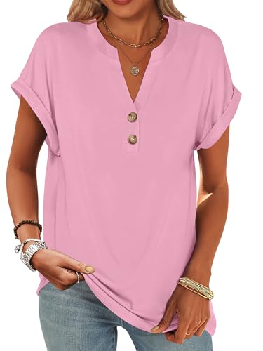 Image of ANRABESS Womens Short Sleeve Henley Tops V Neck Dressy Casual Blouses Summer Trendy Tee Shirts 2026 Vacation Fashion Clothes