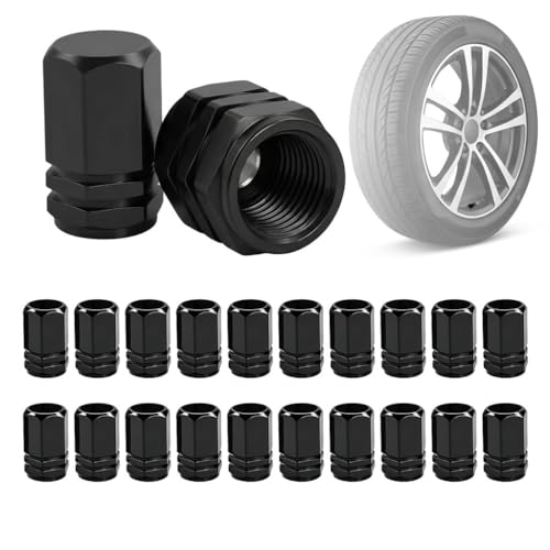 Stalora 20 pcs Tapones Rueda Coche de Aluminio, Tapones Valvula Rueda Coche Universales con Anillo Sellador Antifugas, Tapon Rueda Coche Alta Resistencia para Moto, Bicicleta, Patinete y SUV (Negro)
