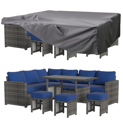 Image of U-MAX 7 Pieces Patio Furniture Set with Waterproof Cover, Outdoor Sectional Sofa Conversation Set, All Weather Wicker Rattan Dining Table & Chair with Ottoman, Grey Rattan&Dark Blue Cushion