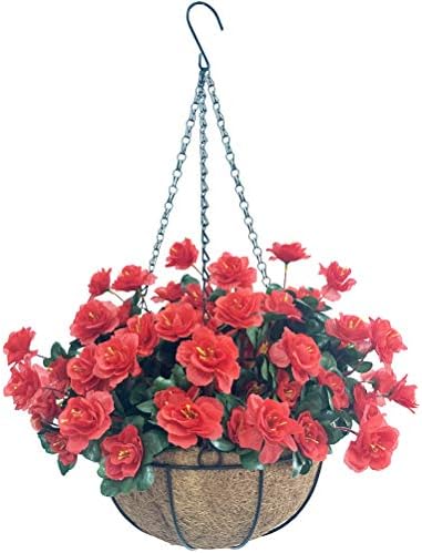 Lopkey Outdoor Artificial Red Azalea Bush Flower Patio Lawn Garden Hanging Basket with Chain Flowerpot,Red