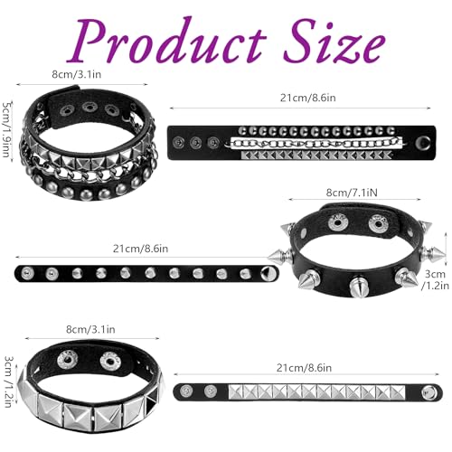 3 Pcs Punk Bracelets, Leather Studded Bracelet Cuff Adjustable Goth Bracelets Spike Bracelet Emo Bracelets for Men Women 80s Wristband Goth Jewelry Halloween Emo Accessories (Style B)2