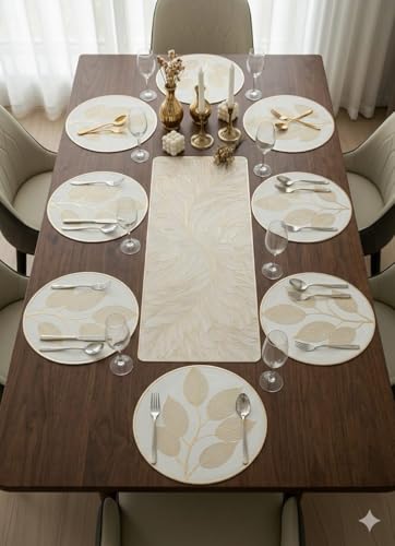 Image of Dining Table Mat and Runner Set for Home Kitchen Reusable Placemat Combo Set for Everyday Dining Use and Table Setup (Petals Circular mat + Modern ractantgle Runner, Pack of 7 (6+1))