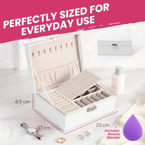 Image of OCEANEVO Jewellery Organiser Box WITH Makeup Sponge, Jwell Organizer Storage Box with Lock, Earrings, Necklace Organizer for Women - 23 x 17 x 8.5 Cm - White - 1 Year Warranty