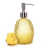 Glass Soap Dispenser with Stainless Steel Pump, 12oz Clear Dish Soap/Hand Soap/Laundry Soap/Lotion Dispenser, Refillable Liquid Dispenser for Bathroom Kitchen Shower (Yellow)