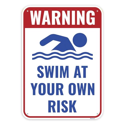 1PC Swim At Your Own Risk Sign 14 x 10 Inches - Aluminum - No Lifeguard On Duty Pool Safety Sign
