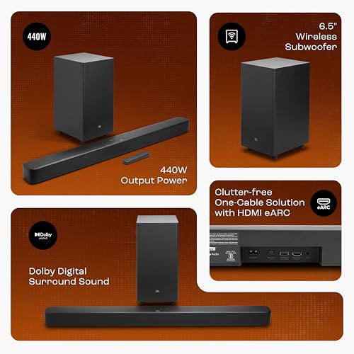 Image of JBL Bar 2.1 Essential (440W) Soundbar with Dolby Digital & Powerful Bass, Wireless Subwoofer, HDMI ARC, Bluetooth Streaming, Optical Input