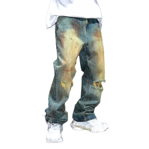 Men’S High Street Ripped Straight Denim Cargo Pants Slim Fit Button Fly Distressed Stacked Full Length Streetwear Jeans