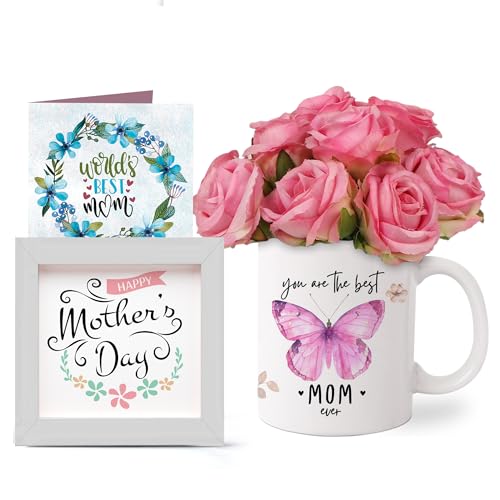 Image of TIED RIBBONS Gift for Mom, Birthday Gift for Mom Women Wife Mother in Law Mummy (Artificial Flower Rose Bunch with Ceramic Coffee Mug, Photo Frame & Greeting Card) Set Combo