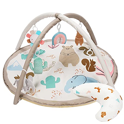 Washable Baby Gym Activity Center with Animal Play Mat, Visual, Hearing, Touch, Cognitive Early Development Playmats, 6 Toys for Infant & Toddler, Larger, Non Slip