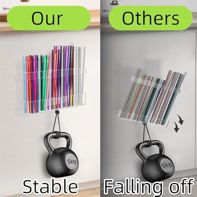 Acrylic Straw Holder for Cabinet Door - Reusable Straw Organizer with Strong Adhesive, Space for Kitchen Counter Cupboard