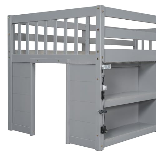 LED Twin Size Low Loft Bed, Kids Loft Bed with Storage Shelves,Twin Low Loft Bed Frame with LED Light for Kids,Boys,Girls,Grey