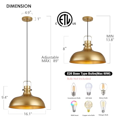 Image of Gold Farmhouse Pendant Lights for Kitchen Island 16 Inch | ETL Certificate,Industrial Adjustable Height Vintage Dome Hanging Light Fixtures for Barn, Dining Room 2 Pack