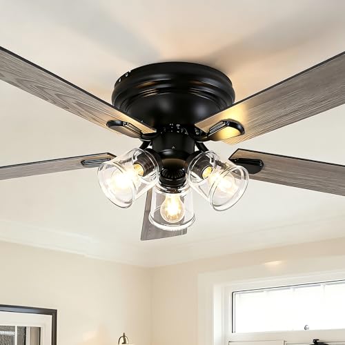 Image of 52 inch Flush Mount Vintage Ceiling Fan with Lights and Remote Control, Farmhouse Rustic Ceiling Fan Low Profile Fandelier Chandelier for Bedroom Living Room Kitchen, 3 E26 Bulbs (Not Included)