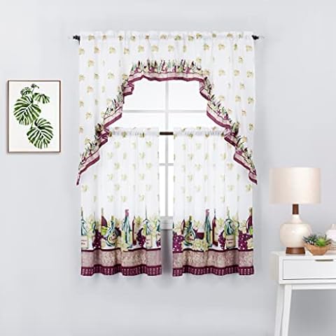 3 Piece Printed Kitchen Window Curtain Panel Tiers and Swag Valance Set (36" Tiers Set, Burgundy) Cover