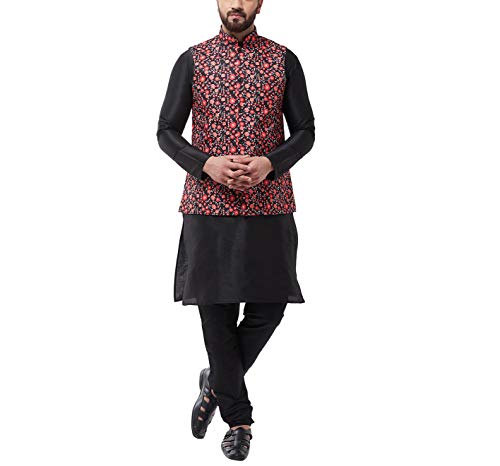 Image of SOJANYA (Since 1958 Men's Silk Blend Black Kurta Pyjama & Printed Nehrujacket Combo
