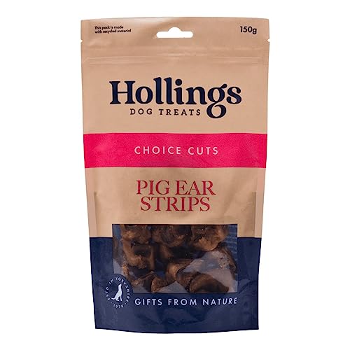 Hollings Pig Ear Strips Dog Treats 100% Natural Air Dried Long Lasting Chews for Adult Dogs Grain Free & High in Protein (150g)