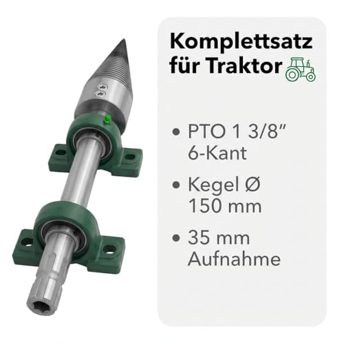 Foto von Schneckenspalter Traktor Bausatz Kegelspalter für Traktor mit Zapfwelle 1 3/8 6-Kant, Drillkegel Ø 150 mm (80 mm + Erweiterung auf 150mm), Linksgewinde, Chromstahl, Komplettsatz mit Welle & Lagern