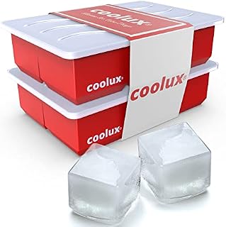 coolux Silicone Ice Cube Tray, 2 Pack Giant Square Ice Cube Moulds with Lids Great Gift for Whiskey, Gin & Cocktail Lovers, BPA Free, Stackable, Odourless (Red)