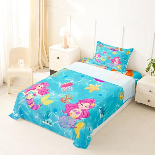 Image of jejeloiu Mermaid Bed Sheets Sets Twin Size Kids Boys Girls Tropical Ocean Bedding Set Blue Pink Bed Sheet Set with 16-Inch Deep Pockets Mermaid Tail 3Pcs with 1 Pillow Cases