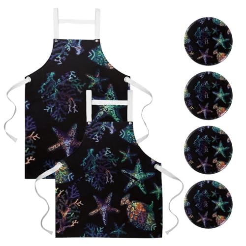 Lot de 2 tabliers de cuisine motif poisson et étoile de mer pour le service et la pâtisserie