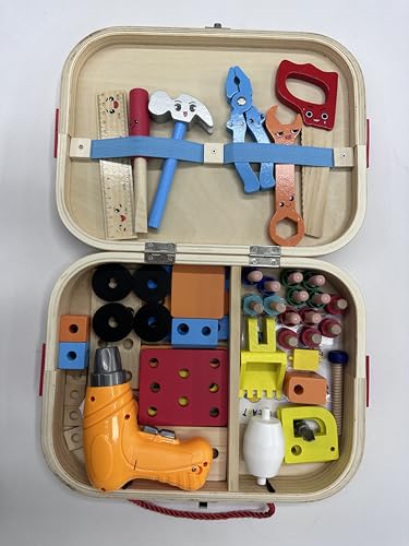 Wooden Tool Set Toy for Boys Kids - Montessori STEM Educational 59Pcs Play Kit with Electric Drill 2 Bits - Creative Learning Christmas Birthday Gift for Children Age 3 4 5 6 7 8 9 10 11 12 Years Old